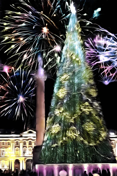 Drawn mixed media, New Year tree at Palace Square, St. Petersburg, Russia