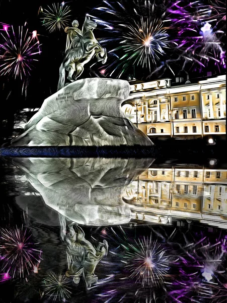 New Year fireworks over Monument to tsar Peter 1, 