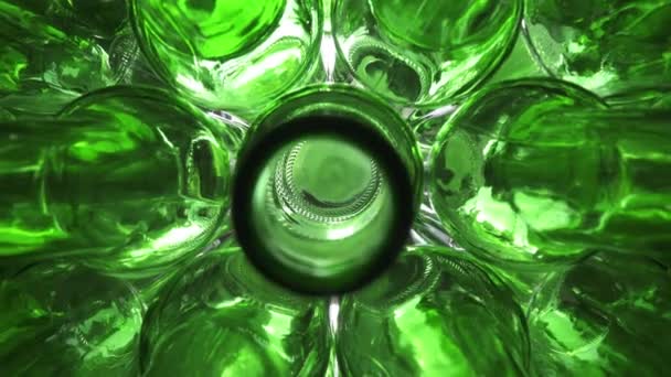 Dolly zoom, Empty green beer bottles, the top view, Shot in Fisheye lens, Shot in 4K UHD — стоковое видео