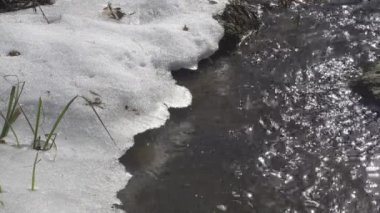 Nehrin Kapanışı, İlkbaharda Ormanda Nehir Şelalesi Kayalar ve Karla. 4K UHD 'de.