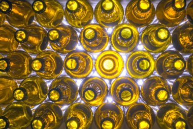 Boş sarı cam bira şişeleri