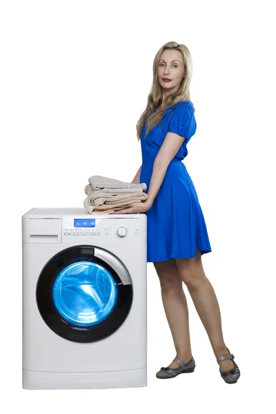 Woman Dress Stack Towels Next New Washing Machine Isolated White — Stock Photo, Image