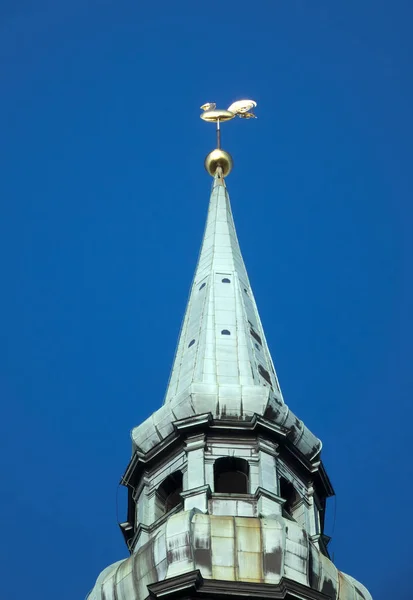 Bell Tower Steeple Peter Church Weather Vane Golden Cockerel Riga — Stock Photo, Image