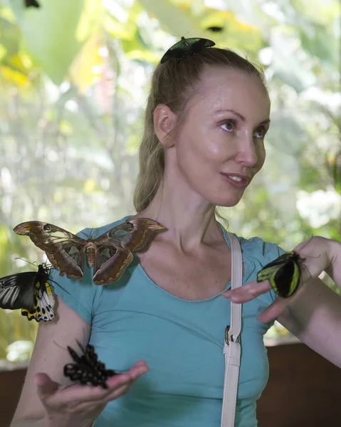 Piękna Młoda Kobieta Parku Motyli Dużymi Tropikalnymi Motylami Ramieniu — Zdjęcie stockowe