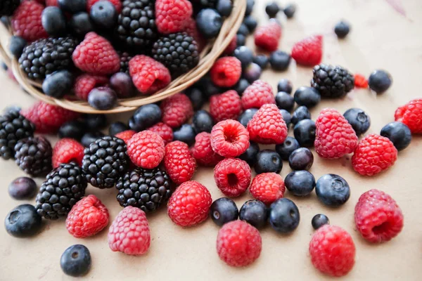 Alimentos antioxidantes frescos framboesa mirtilo amora — Fotografia de Stock