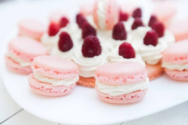 Raspberry Cake with Macarons — Stock Photo, Image
