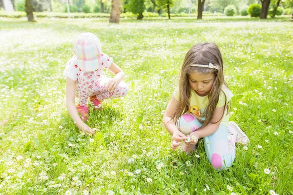两个可爱的小妹妹在大自然中玩耍在花草甸 美丽的春天天 — 图库照片