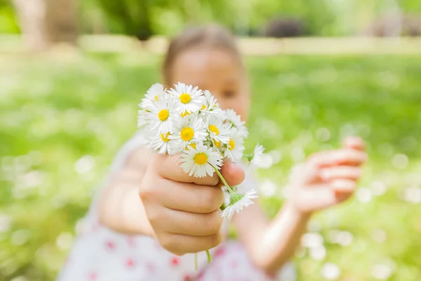 快乐的小女孩在自然与菊花花束在花草甸 美丽的春天天 — 图库照片