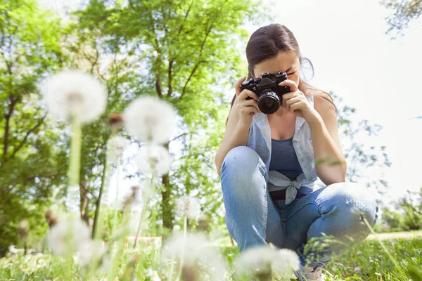 Женщина фотографировала природу со старой ретро камерой — стоковое фото
