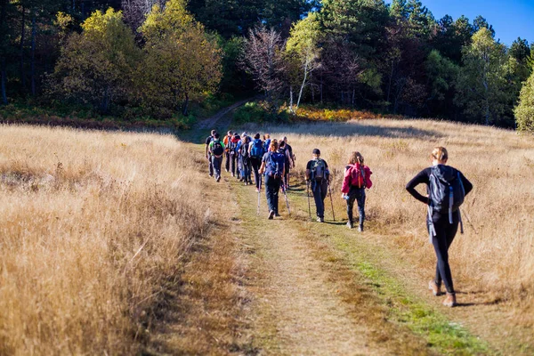 Grupo de Caminhadas de Pessoas Caminhando na Natureza — Fotografia de Stock