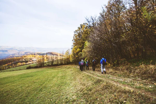 Hiking Group of People Walking In Nature — стоковое фото