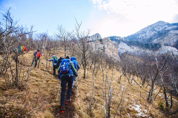 Trekking Group Emberek Kültéri természet Egészséges tevékenység Hegyi túrázás — Stock Fotó