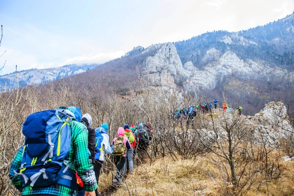 Trekking Group Emberek Kültéri természet Egészséges tevékenység Hegyi túrázás — Stock Fotó