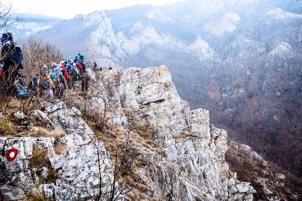 Wandelen Wandelen Natuur Berg Groep Mensen Wandelen Buiten Gezonde Activiteit — Stockfoto