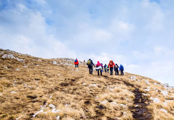 Grote Groep Bergbeklimmers Bereikt Top Van Bergtop — Stockfoto