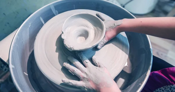 Hands Young Artist Shaping Clay Pottery Wheel Workshop Ceramic Studio — Stock Photo, Image