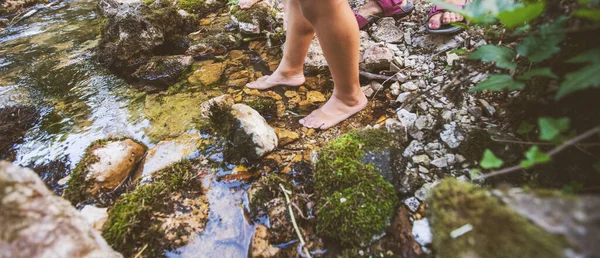 Children barefoot feet walking through clear water in forest creek . Adventure on summer day in nature. Unrecognizable people .