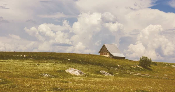 農村の家で夏の朝 背景の雄大な空と緑の丘の牧歌的なシーン — ストック写真