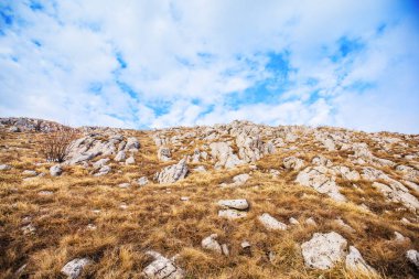 Sırbistan 'ın doğusundaki Rtanj Dağı' nın cennet gibi kış manzarasının muhteşem panoramik manzarası. Gökyüzü arkaplanı