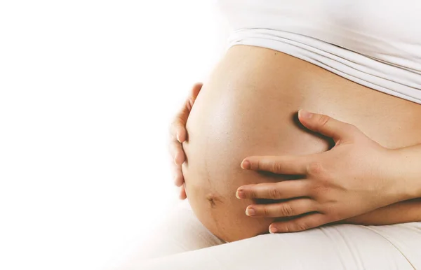 Pregnant Woman Take Care Her Belly — Stock Photo, Image