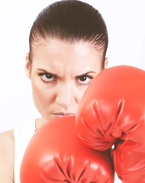 Retrato Mulher Fitness Com Luva Boxe Vermelho — Fotografia de Stock