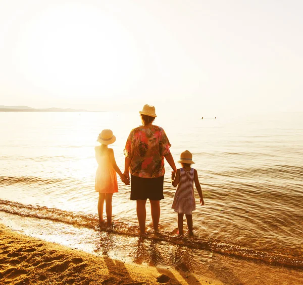 Vue Arrière Famille Détendre Sur Plage Sable Tenant Les Mains — Photo