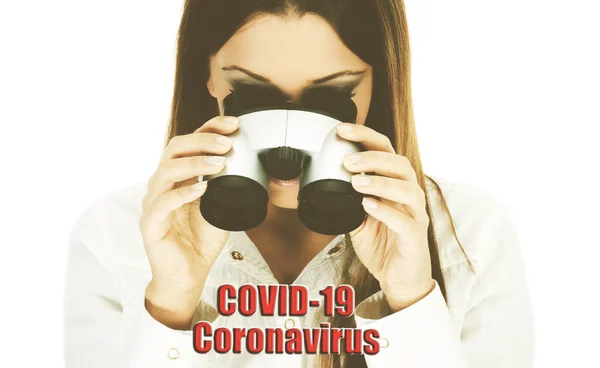 Coronavirus Covid Concept Pandémique Femme Regardant Travers Binoculaire — Photo