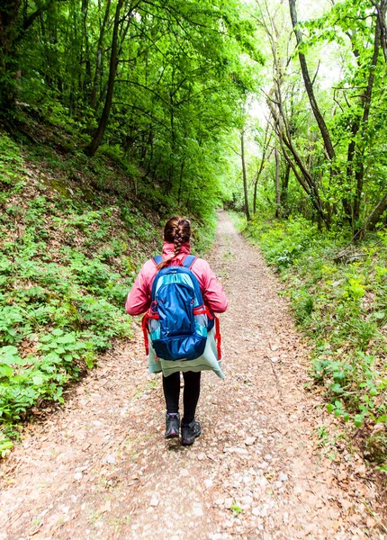 Wandelen Reizen Gezond Leven Actieve Vrouw Met Rugzak Wandelen Een — Stockfoto