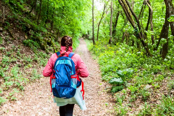 Wandelen Reizen Gezond Leven Actieve Vrouw Met Rugzak Wandelen Een — Stockfoto