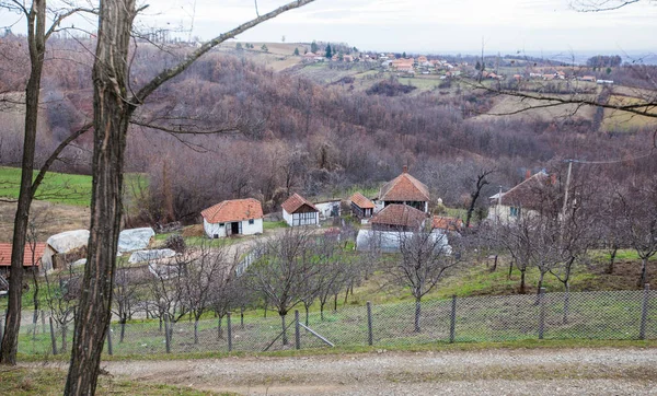 Casa Rurale Terreni Agricoli Paesaggio Rurale Villaggio Serbia Giornata Nuvolosa — Foto Stock