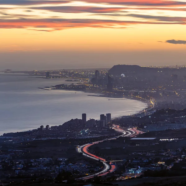 Distant Aerial View of Highway to Barcelona at Dusk — Stock Photo, Image