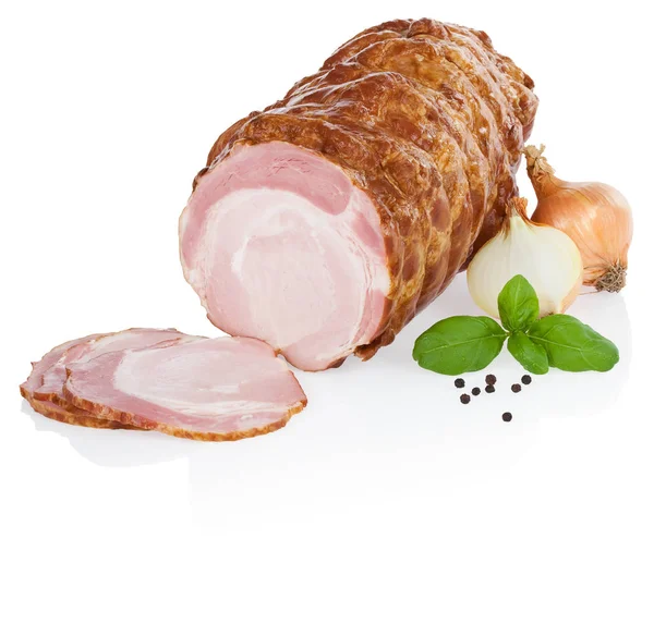 Ham met uien geïsoleerd op witte achtergrond — Stockfoto