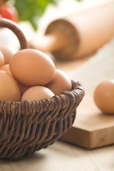 Eggs Pastry Board Flour Yolk Top Two Rolling Pins Tomatoes — Stock Photo, Image