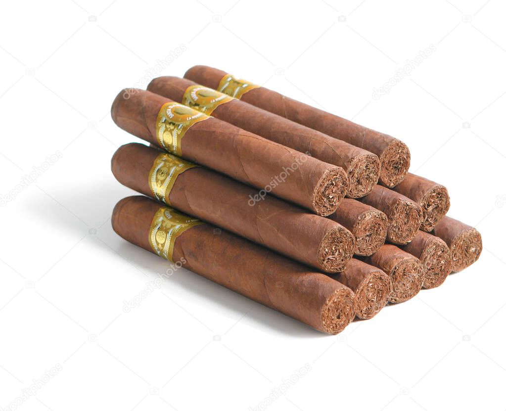 Pile of cigars isolated in white background