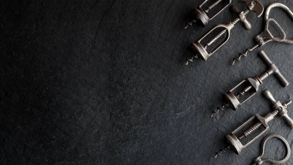 Unique Old Corkscrews Cork Dark Background — Stock Photo, Image