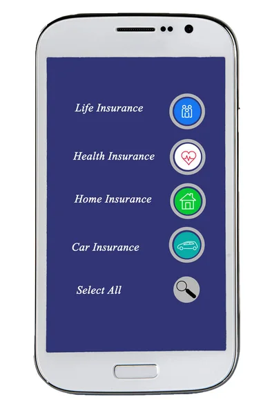 Mobile phone with options for nsurance on its screen — Stock Photo, Image