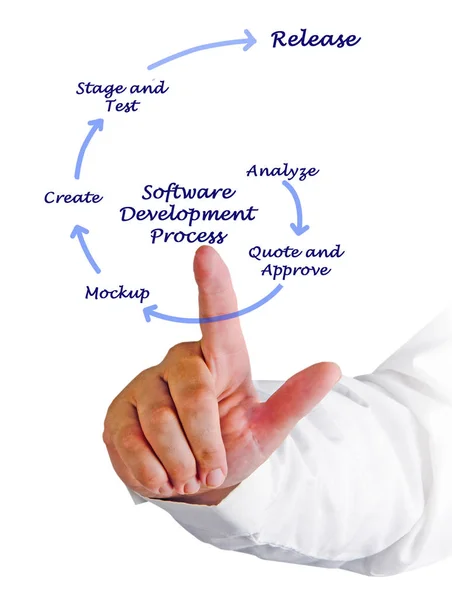 Uomo che presenta il processo di sviluppo del software — Foto Stock