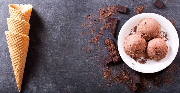 plate of chocolate ice cream scoops