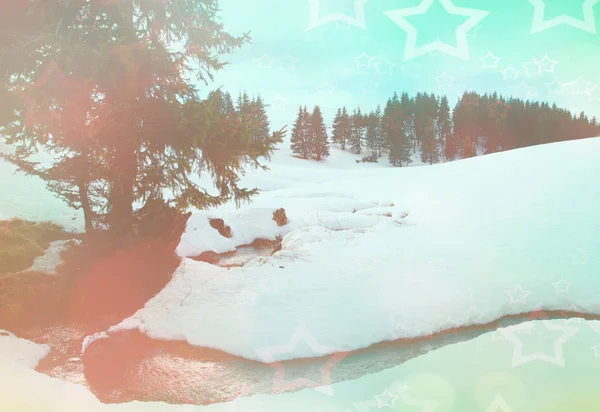 Magical Winter Background Snow Forest Water Creek Cold Colors Stars — Stock Photo, Image