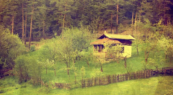 Vintage stodoła w polach wiosna — Zdjęcie stockowe