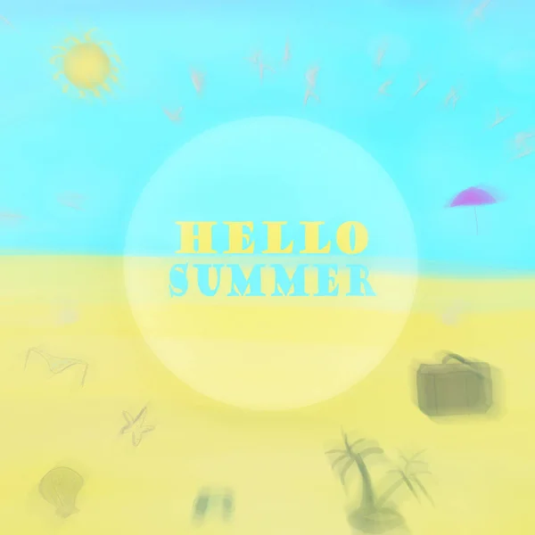 Hello summer poster with text, yellow and blue colors, text added — Stock Photo, Image