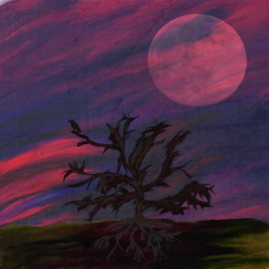 ürkütücü karışık ortam arka plan koyu ağaç ve karga, büyük moon rising, zombi zaman arka plan ürkütücü silueti ile 