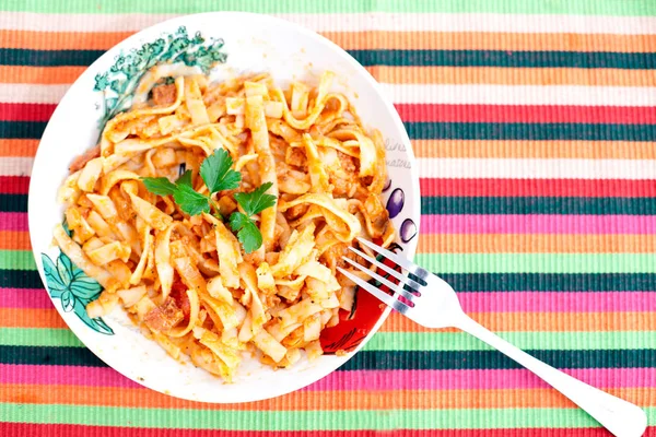 Bolognese Pasta Colorful Background Flat Lay View Space Sample Text — Stock Photo, Image