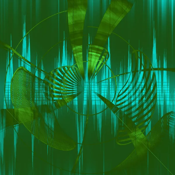 Цифровой звуковой вихрь, необычная зеленая и светло-голубая фрактальная иллюстрация — стоковое фото