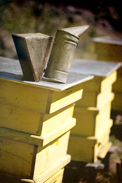 Arrière-plan apicole vertical avec vieille ruche en bois et vieille pompe à fumée — Photo