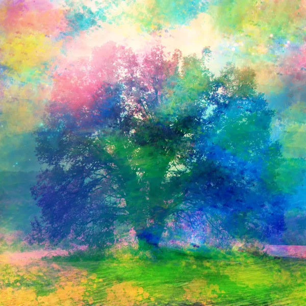 Art watercolor mixed media background with big oak tree — Stock Photo, Image