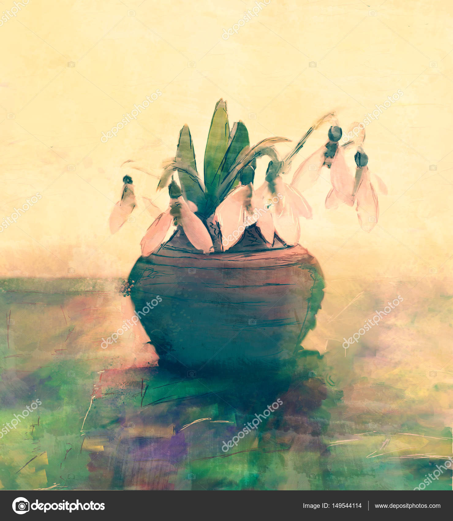 Watercolor Art Grunge Paint With Old Vase With Snowdrop Flowers