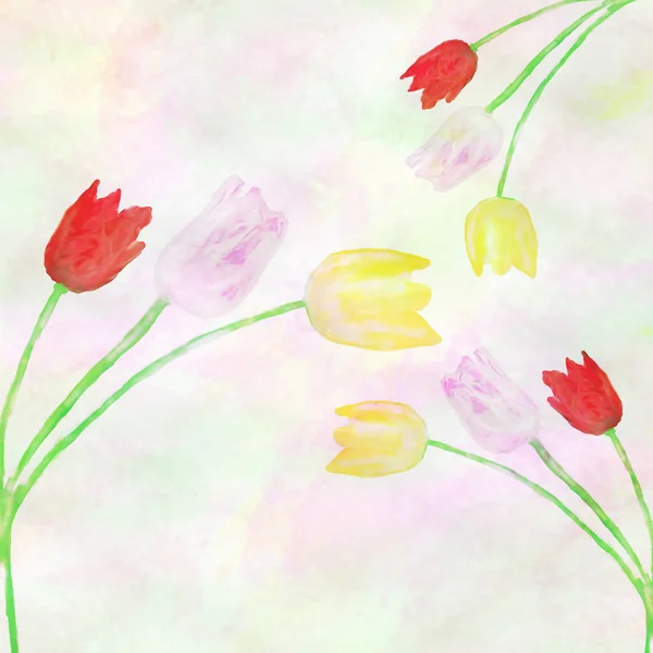 Motif floral avec illustration aquarelle de tulipes rouges, jaunes et violettes — Photo