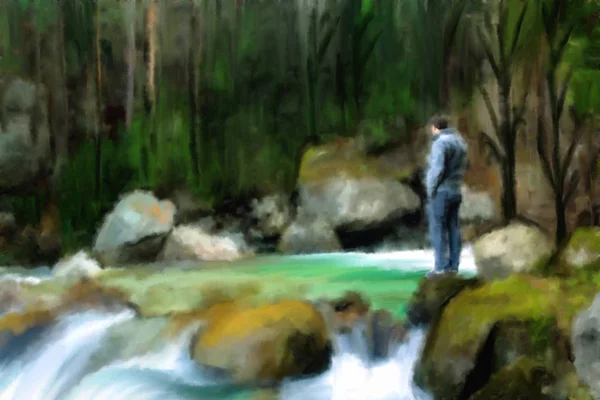 Picture Oil Paints Canvas Landscape Man River Deep Forest — Stock Photo, Image