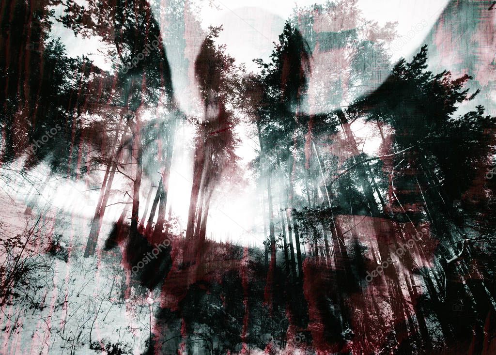 Dark Halloween Scratched Grunge Texture Background with creature shadow over the spooky forest